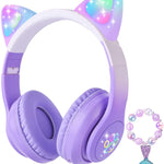 Cat Ear Kids Headphones Bluetooth, LED Light up Wireless/Wired Mode Over Ear Headphones with Build in Microphone for School/Travel (Purple)