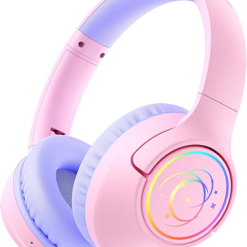 Kids Bluetooth Headphones with 85H Playtime, LED Lights, and 85/94dB Volume Limit, Blue