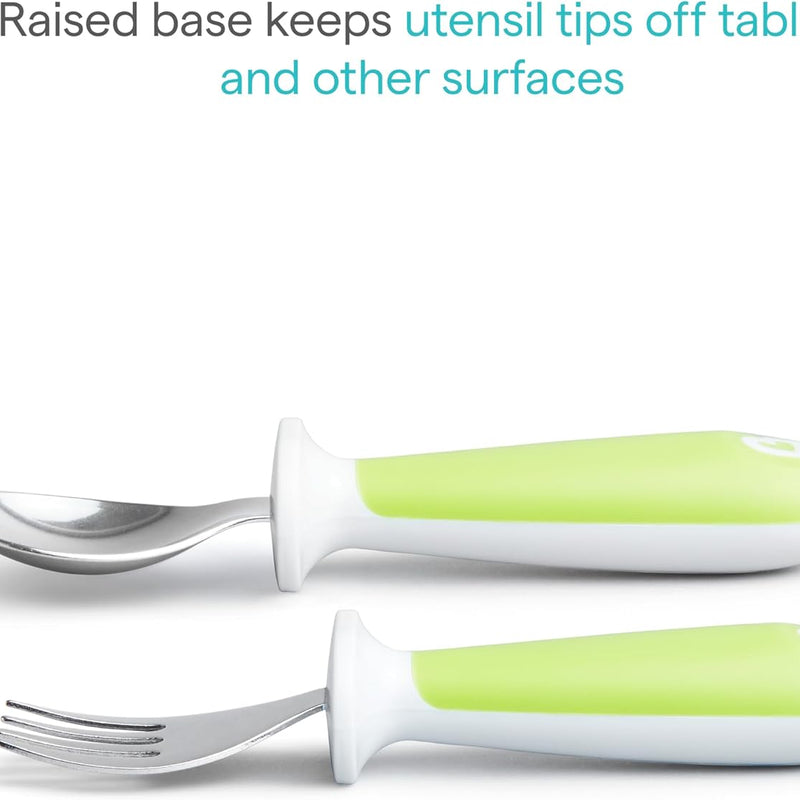 Munchkin® Raise™ Toddler Fork and Spoon Utensil Set, Rest Keeps Tip Off Table, BPA Free, 4 Pack, Blue/Green