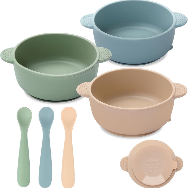 Eascrozn 3 Pack Baby Bowls with Suction and Baby Spoons, BPA Free | Silicone Baby Feeding Set, Baby Utensils Feeding Supplies for Babies Toddlers Kids, Microwave and Dishwasher Safe