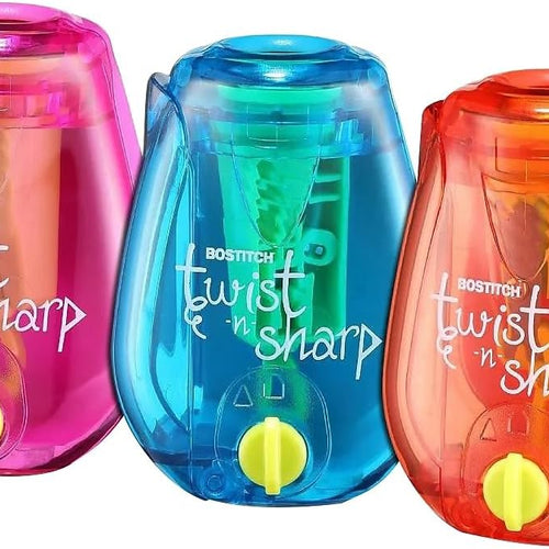 Bostitch Office Pencil Sharpener, Twist-N-Sharp, Easy Open Tray, Perfect for Kids, Works with Colored Pencils & Makeup Pencils, 3-Pack