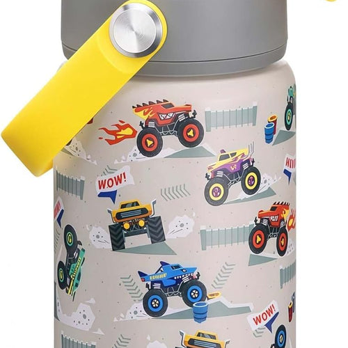 rockpapa 14 oz Kids Insulated Water Bottle，Stainless Steel Toddler Cups with Straws, BPA Free, Leak-Proof, Kids Water Bottle for School Boys& Girls (Grey Trucks)