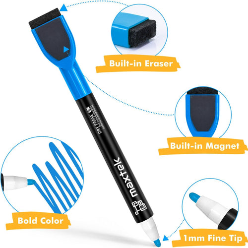 maxtek Magnetic Whiteboard Markers - 12 Count Colorful Fine Tip Dry Erase Markers with Eraser for Kids, Low Odor Thin Markers for Calendar Boards