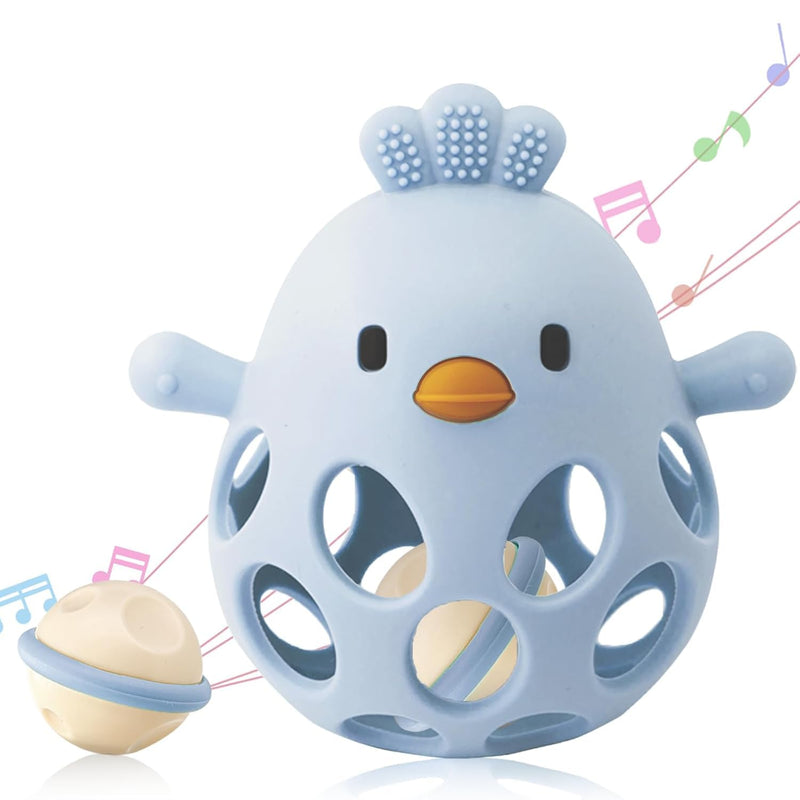 ChooKaChoo 2-in-1 Baby Teething Rattle Toy for infants 3-12 months, 100% food-grade silicone, easy to hold, soothing & developmental, BPA free, blue