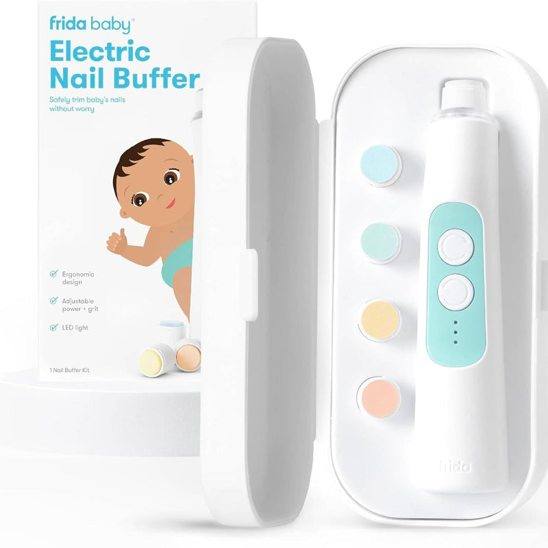 Frida Baby Electric Nail Buffer, Safe Baby Nail File & Trimmer Kit, White | For Newborn & Toddler Fingernails and Toenails, 4 Buffer Pads, LED Light, Storage Case, White
