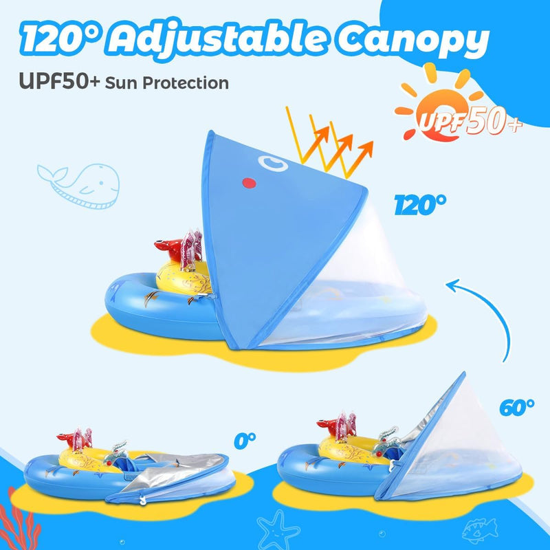 LAYCOL Baby Pool Float with Canopy UPF50+, 120°Adjustable Sun Protection and Anti-Tip Safety Seat, Inflatable Toddler Floaties Infant Pool Float with Animal Pool Toys, Baby Beach Essentials for 6-36M