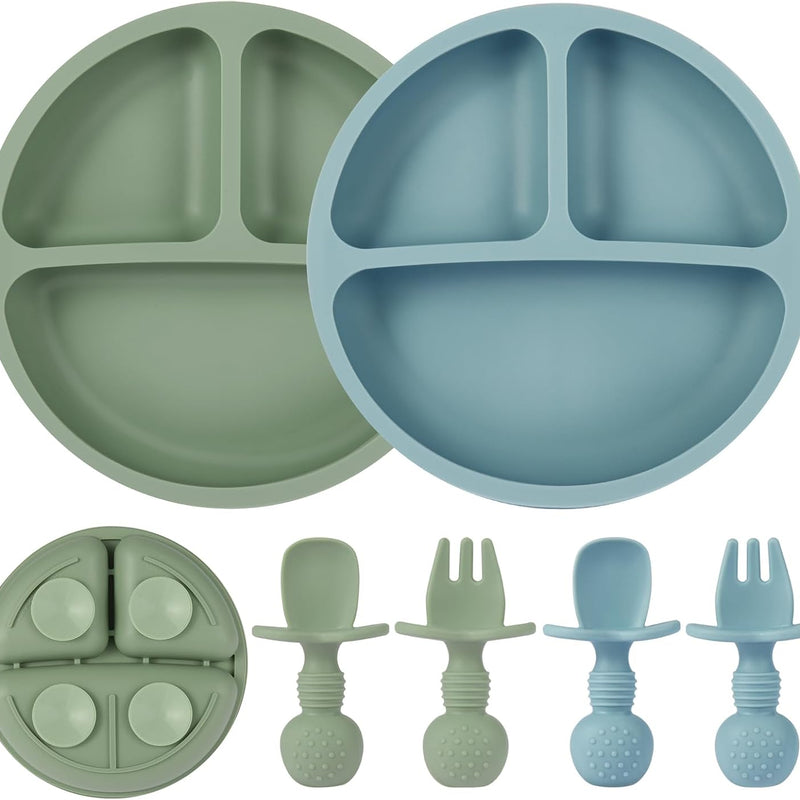 Eascrozn 2 Pack Divided Toddler Plates with Suction, Spoons and Forks Set | BPA Free, Silicone Feeding Set, Baby Led Weaning Supplies, Baby Utensils for Feeding Essentials, Dishwasher Safe