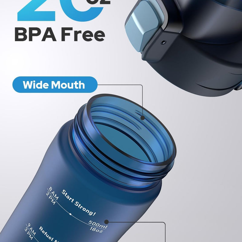 Opard Zip 20oz Plastic Water Bottle Dishwasher Safe, Leakproof Flip-Top Lid, BPA Free Tritan, Wide Mouth Reusable Kids Water Bottle for School Hiking Commuting Outdoor Travel and Gym