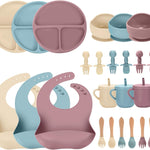 24 PCS Silicone Baby Feeding Set, Baby Led Weaning Supplies Includes Suction Bowls and Divided Plates, Adjustable Silicone Bib, Spoons&forks, Training cup with straw (Green+Brown+Beige)