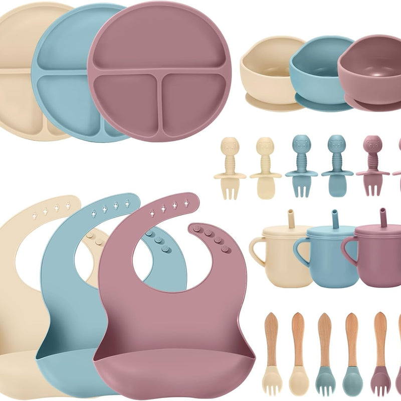 24 PCS Silicone Baby Feeding Set, Baby Led Weaning Supplies Includes Suction Bowls and Divided Plates, Adjustable Silicone Bib, Spoons&forks, Training cup with straw (Green+Brown+Beige)