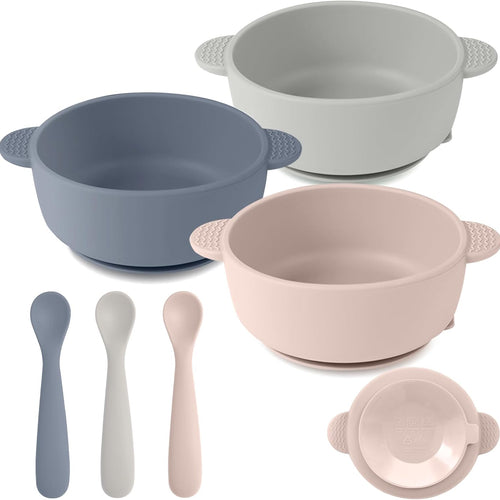 Eascrozn 3 Pack Baby Bowls with Suction and Baby Spoons, BPA Free | Silicone Baby Feeding Set, Baby Utensils Feeding Supplies for Babies Toddlers Kids, Microwave and Dishwasher Safe