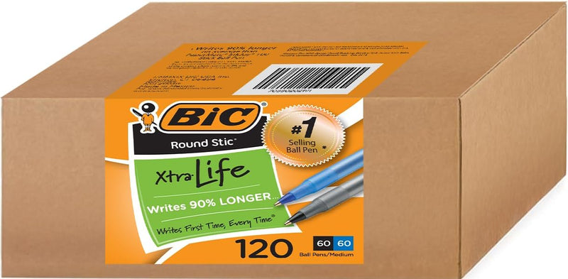 BIC Round Stic Xtra Life Ballpoint Pens, 1mm, Black & Blue, Pack of 60 | Bulk Pack of 30 Black & 30 Blue Pens, Office Essentials and Teacher Supplies for Back-to-School Classrooms