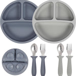Eascrozn 2 Pack Silicone Suction Plates for Baby, Spoons and Forks Set | Baby Feeding Set, Divided, BPA Free, Baby Led Weaning Supplies for Toddler Utensils, Dishwasher Safe