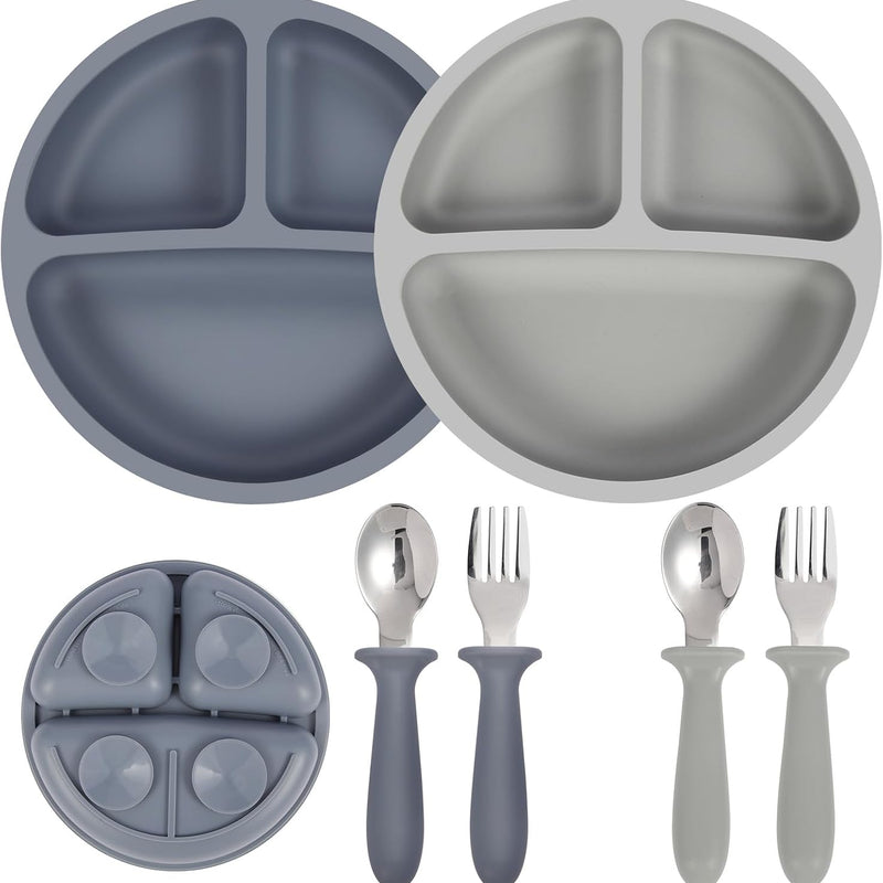 Eascrozn 2 Pack Silicone Suction Plates for Baby, Spoons and Forks Set | Baby Feeding Set, Divided, BPA Free, Baby Led Weaning Supplies for Toddler Utensils, Dishwasher Safe