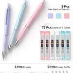 Nicpro 3PCS Cute Mechanical Pencil Set with Case, 0.7 mm Pencils with 6 Tube HB Lead Refill, 3PCS Eraser, 9PCS Eraser Refill for School Supplies Student Writing, Drafting Drawing Sketching