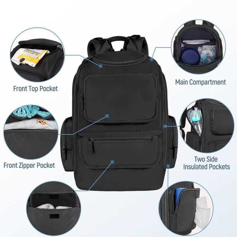 Mancro Diaper Bag Backpack, Dad Diaper Bag with 2 Side Insulated Pockets | Multifunctional Water Resistant Diaper Backpack for Men Women with Stroller Straps, Travel Baby Bag Backpack, Black