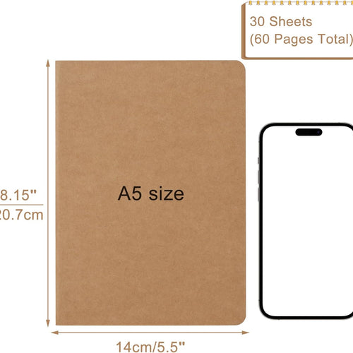 ZCZN 5 Pack A5 Kraft Notebooks Bulk, 8.15x5.5 Inches Lined Paper Journaling Notebooks, Notebooks for Work, Composition Notebooks for School, Journal Notebooks for Office, 60 Pages