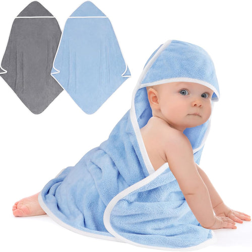 Hooded Towel for Newborn, 2 Pack Soft Coral Fleece Baby Towels | Ultra Absorbent Bath Cloths Bulk for Infants, Toddlers, Newborn Essential- 30 x 30 inch - Grey & Blue