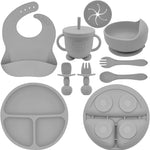 Silicone Baby Feeding Set | Baby Led Weaning Supplies Includes Suction Bowls and Divided Plates, Adjustable Bib, Baby Utensils Spoons and Forks,Cup | Baby Feeding Essentials (Light Green)