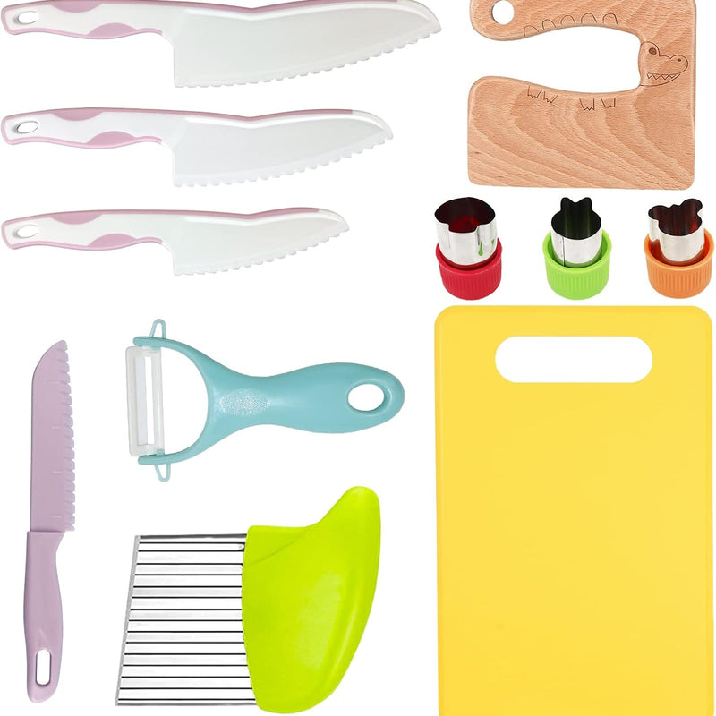 RISICULIS Kids Kitchen Knife, Montessori Kitchen Knife Set for Toddlers | 11Pcs Kids Safe Knife Set for Real Cooking with Wood Plastic Knives Kids Cutting Board, Montessori Gifts for Boys Girls