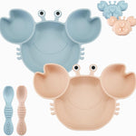 PandaEar 2 Pack Silicone Suction Plate for Baby, Divided Unbreakable Toddler Food Plate with 2 Pack Spoons for Self Feeding, Toddler Utensils Feeding Set Baby Eating Supplies, Crab Shape -Blue&Green