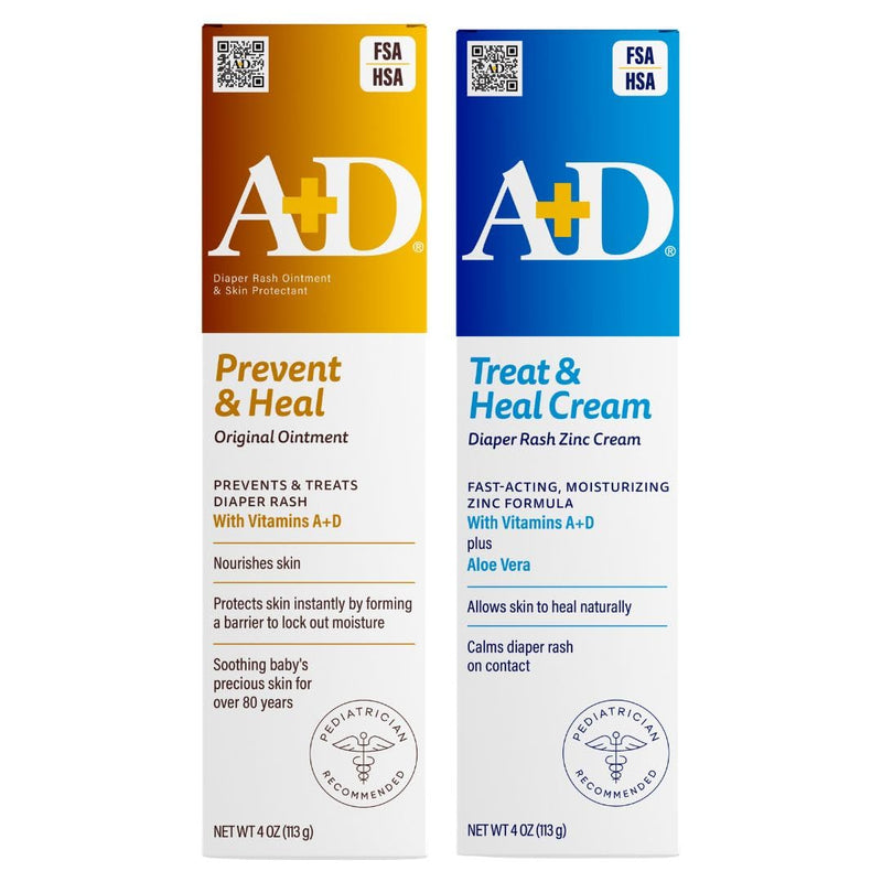 A+D Prevent & Heal + Treat & Heal Diaper Rash Ointment - Variety Pack 4oz | A+D Original Diaper Rash Ointment + Zinc Oxide Diaper Rash Cream 4oz Variety Pack - Prevents & Treats With Vitamins A & D