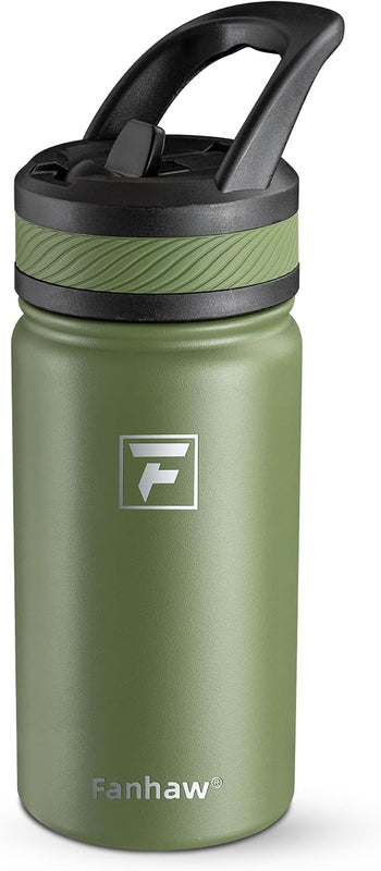 Fanhaw 14 oz Kids Water Bottle for School, Insulated Water Bottle with Straw Lid, Stainless Steel Vacuum Insulated Bottle for Boys & Girls, Leak-Proof, BPA Free(Blue - Under Construction)