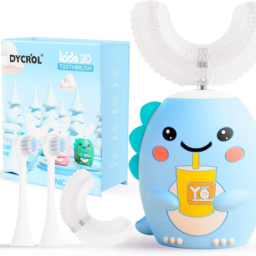 DYCROL Kids U-Shaped Electric Toothbrush with 4 Brush Heads, 5 Cleaning Modes, Cartoon Dinosaur Design, IPX7 Waterproof