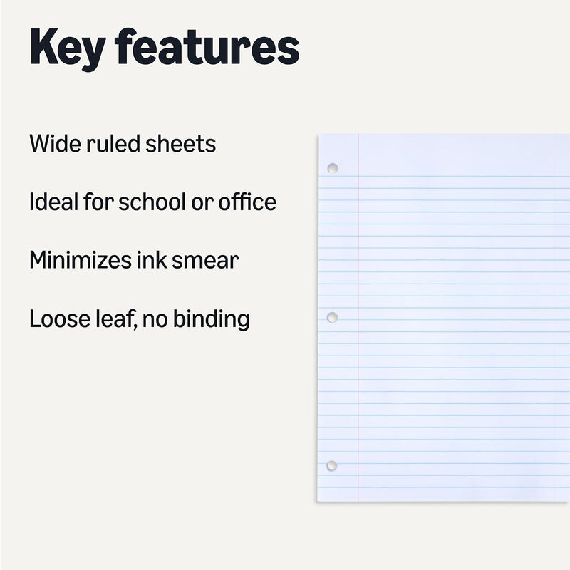 Amazon Basics Wide Ruled Loose Leaf Paper, 10.5" x 8", 150 Sheets, No Binding, White, 1-Pack