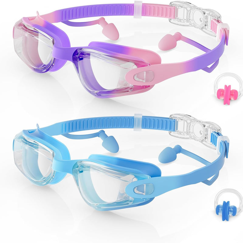 Aegend Kids Swim Goggles 2 Pack, Anti Fog&UV Swimming Goggles for Ages 3-15 | No Leak Comfortable Fit Pool Goggles with Silicone Seal, Ear Plugs and Nose Clip