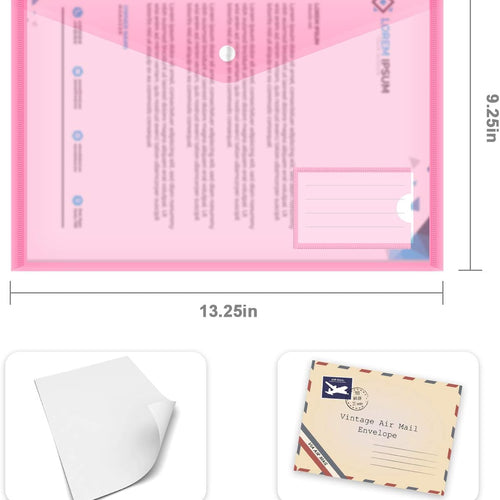 10 Pack Plastic Envelope Folders with Label Pockets, 5 Colors 2 Each, Clear Poly File Folders Letter Size/A4, Hook and Loop Closure Document Envelopes for School Office Home