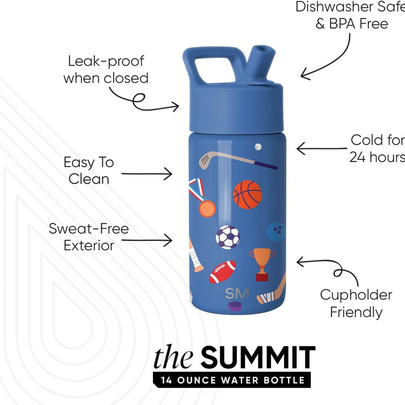 Simple Modern Kids Water Bottle & Toddler Cup | 14oz | Sports | Insulated Stainless Steel Toddler Water Bottle, Kids Tumbler with Straw | Spill Proof for School, Girls, Boys | Sports Balls