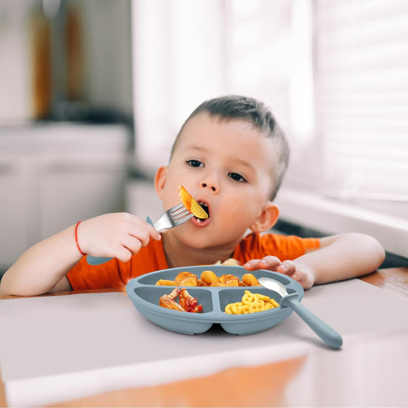 Eascrozn 2 Pack Silicone Suction Plates for Baby, Spoons and Forks Set | Baby Feeding Set, Divided, BPA Free, Baby Led Weaning Supplies for Toddler Utensils, Dishwasher Safe