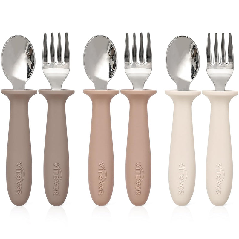 VITEVER 6 Pieces Toddler Utensils, Kids Silverware Set with Silicone Handle, Children Safe Spoons and Forks, 18/8 Stainless Steel, Food-grade Silicone - Dishwasher Safe