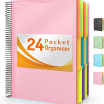 Forvencer 12 Pocket Project Organizer, 1/6-cut Tab Binder Organizer with Sticky Labels, Multi Pocket Folder with Zipper Pouch, Folder Binder Spiral Pocket Notebook, Office Supplies, Letter Size, Pink