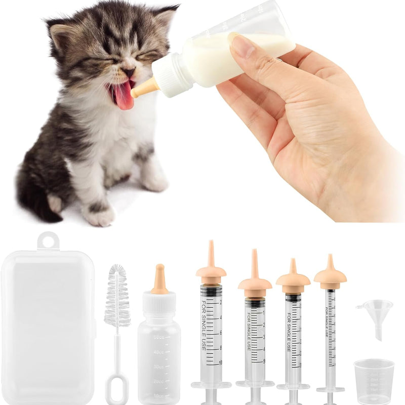 Pet Nursing Kit for Newborn Puppies, Kitten & Small Animals | Silicone Nursing Nipples, Formula Dispenser, Liquid Syringes, Measuring Cup & Cleaning Brush, Newborn Cat Bottle Feeding Set