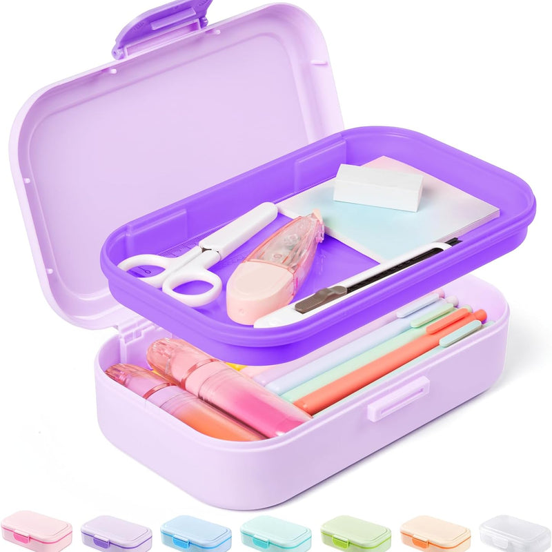 Sooez Double Layer Pencil Box, Plastic Pencil Case with Latch, Hard School Supply Box for Girls Boys Kids, Large Crayon Marker Pen Holder, Cute Art Storage Organizer, 1 Pack, Pink