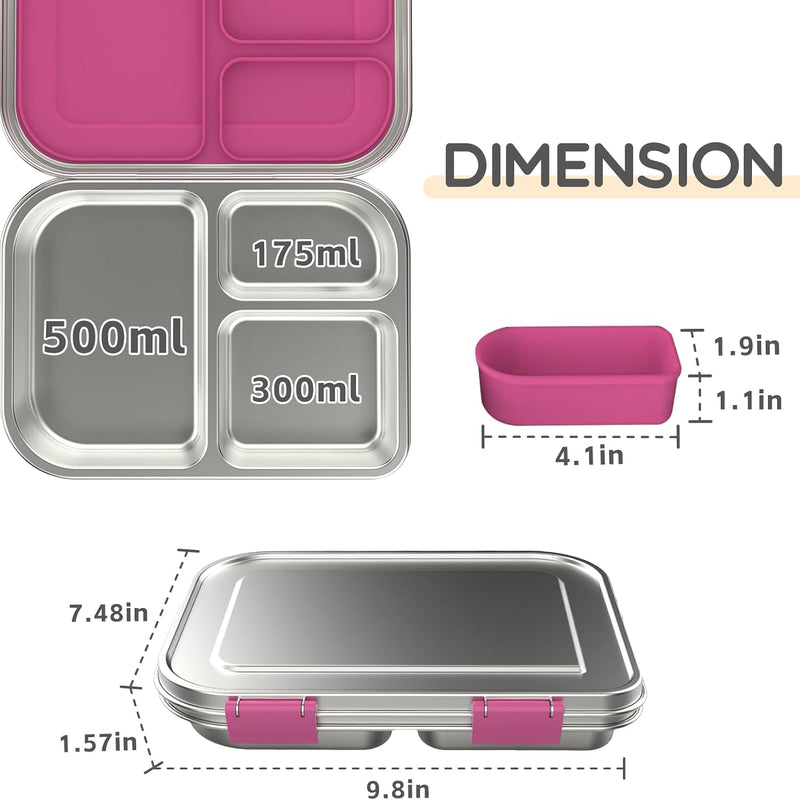 BOSEDSANG Stainless Steel Kids Leak-Resistant Bento Lunch Box, 3-Compartments with Silicone Container, Dishwasher-Safe, Child-Friendly Design for School, Picnics & Travel,BPA-Free(Pink)