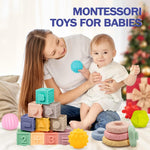 Jyusmile Montessori Baby Toy Set for 6-12 Months, Soft Infant Teething Toys, Stacking Blocks, Sensory Balls