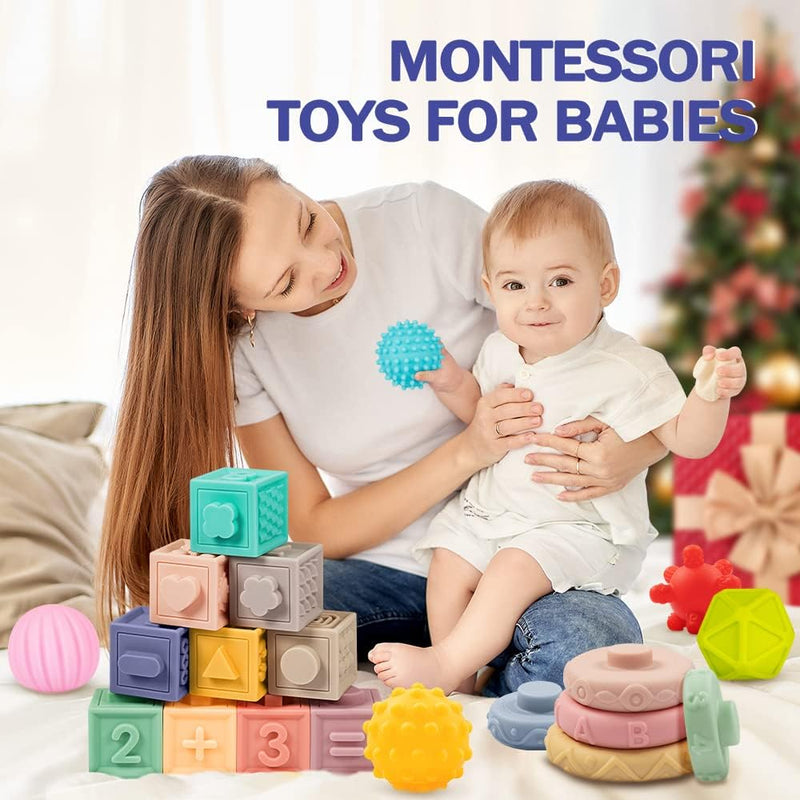 Jyusmile Montessori Baby Toy Set for 6-12 Months, Soft Infant Teething Toys, Stacking Blocks, Sensory Balls