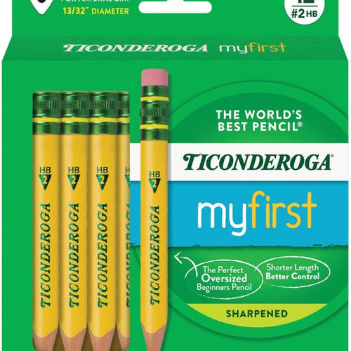 Ticonderoga My First Half-Size Wooden Pencils, 12 Pencils/Pack, 1 Pack | Large Triangle-Barrel Pre-Sharpened #2 (HB) Short 4.5" Yellow Pencils with Erasers, X33012