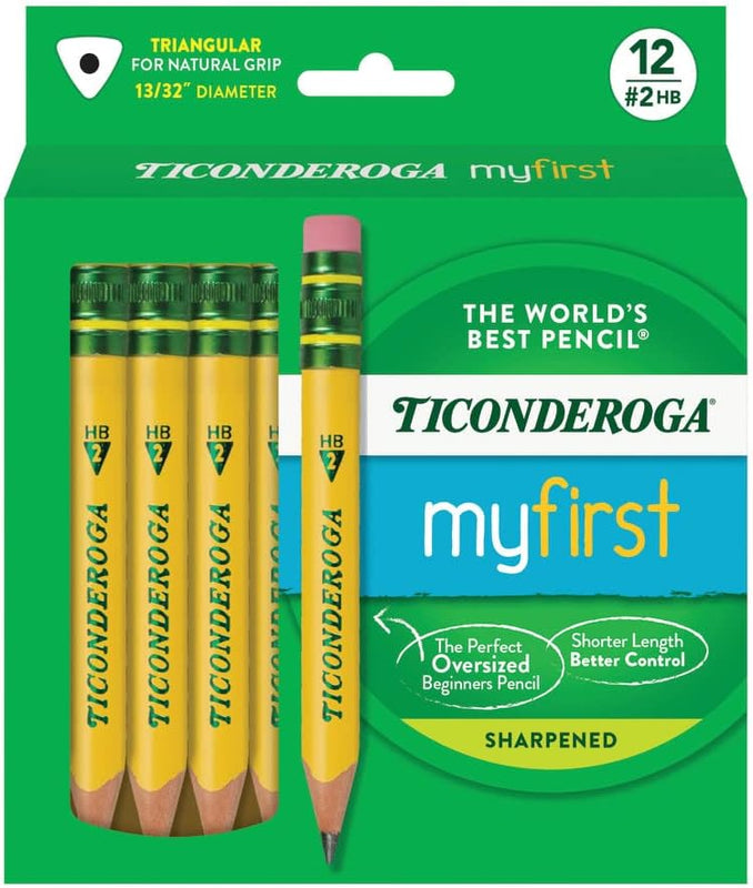 Ticonderoga My First Half-Size Wooden Pencils, 12 Pencils/Pack, 1 Pack | Large Triangle-Barrel Pre-Sharpened #2 (HB) Short 4.5" Yellow Pencils with Erasers, X33012