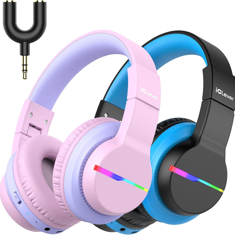 iClever BTH12 Kids Bluetooth Headphones 85H Playtime with LED Lights Travel | SafeSound Tech, Stereo Sound, USB C Charging AUX Cable Over Ear Built-in Mic, Kids Wireless Headphones for Toddler Boys Girls