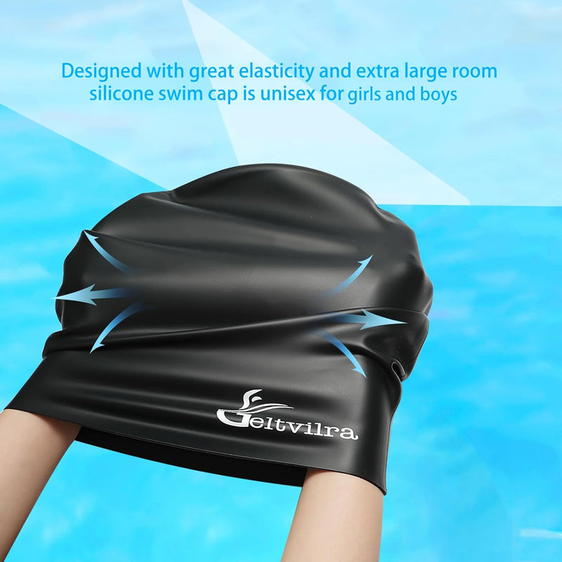 Extra Large Swim Cap for Kids Black Girls Aged 4 to 16 with Long Hair Braids Dreadlocks, Waterproof Silicone Swimming Hat Turban Hair Protection for Boys Toddler Children Youth