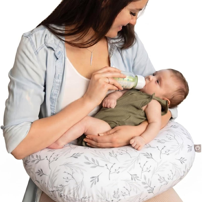 Boppy Nursing Pillow - Verified Safe Breastfeeding Pillow with Softer Fill for Comfortable Support, Machine Wash & Dry Cover, Non-Toxic Materials - Gray Gentle Leaves