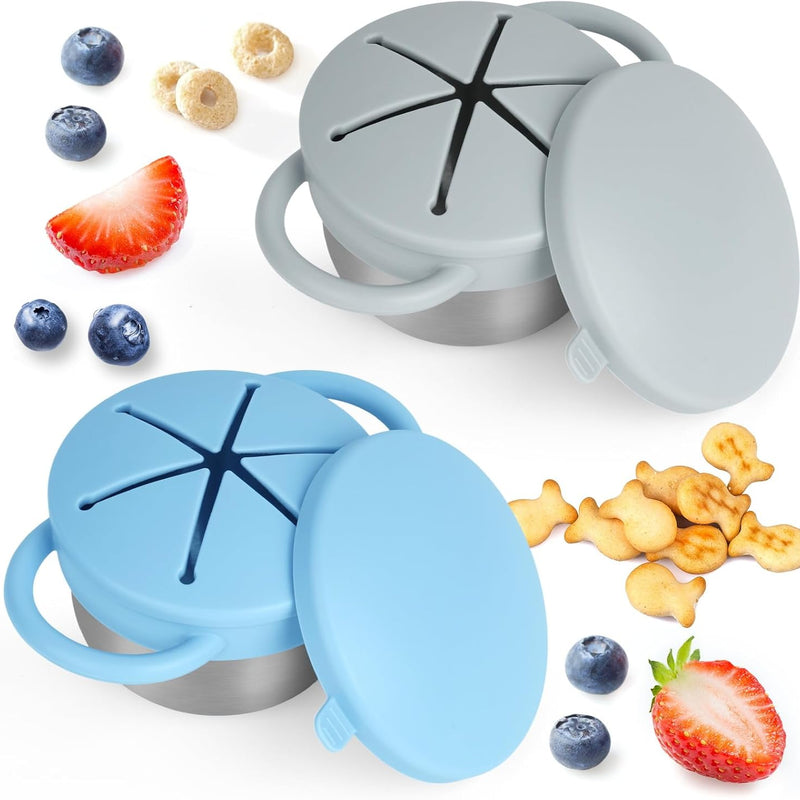 2 Pack Snack Cups for Toddlers Spill Proof - Detachable Stainless Steel Toddler Snack Cups with Silicone Lids & Handles - Dishwasher Safe Snack Container for Mess-Free Snacking（Blue-purple and Green)