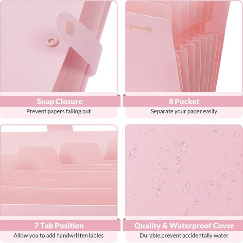 SKYDUE Expanding File Folder, Accordion File Organizer with 8 Pockets, Expandable Document Paper Receipt Holder for School Office Hospital, Letter/A4 Size Pink