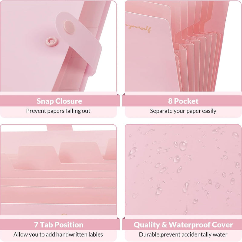 SKYDUE Expanding File Folder, Accordion File Organizer with 8 Pockets, Expandable Document Paper Receipt Holder for School Office Hospital, Letter/A4 Size Pink