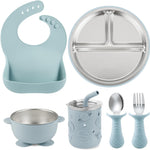 PandaEar 6-in-1 Stainless Steel Baby Feeding Set | Divided Suction Plate, Bowl, Sippy Cup with Straw, Bib, Spoon & Fork | BPA-Free Toddler Feeding Essentials for Self-Feeding (Pink)