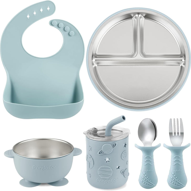 PandaEar 6-in-1 Stainless Steel Baby Feeding Set | Divided Suction Plate, Bowl, Sippy Cup with Straw, Bib, Spoon & Fork | BPA-Free Toddler Feeding Essentials for Self-Feeding (Pink)